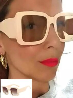CREAM FRAMES WITH BROWN LENSES-LUXURY TRENDY OVERSIZED SUNNIES NEW‎